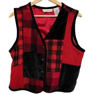 Chrysantheme Patchwork Vest M Red Wool Woven Buffalo Plaid Cabincore Holiday